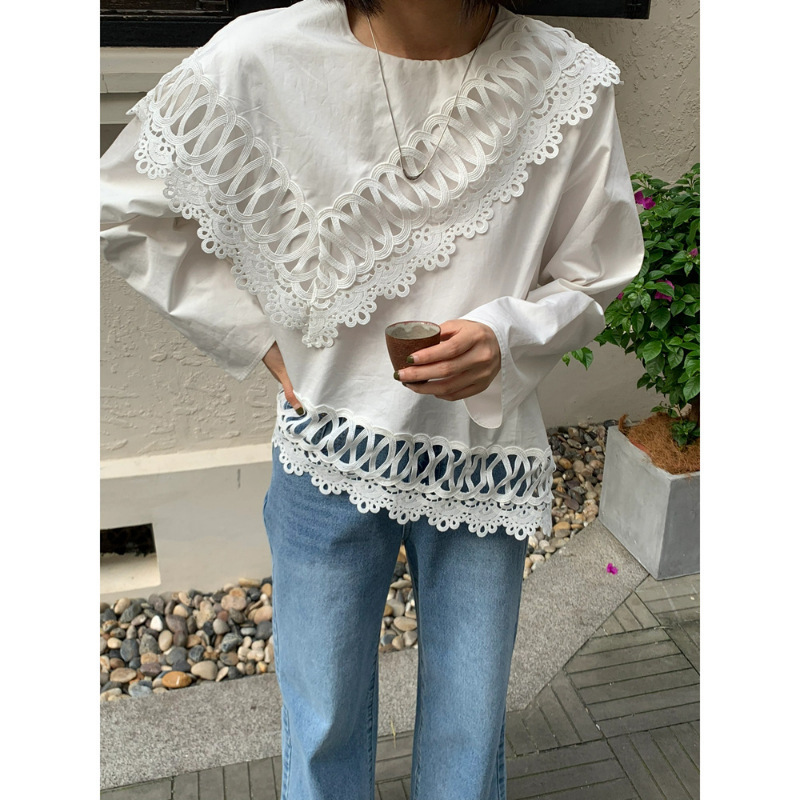Longmei Pure Cotton Lace Trim Women's Shirt 2026 Early Spring New Vkc Style Large Lapel Long-Sleeved Loose Top