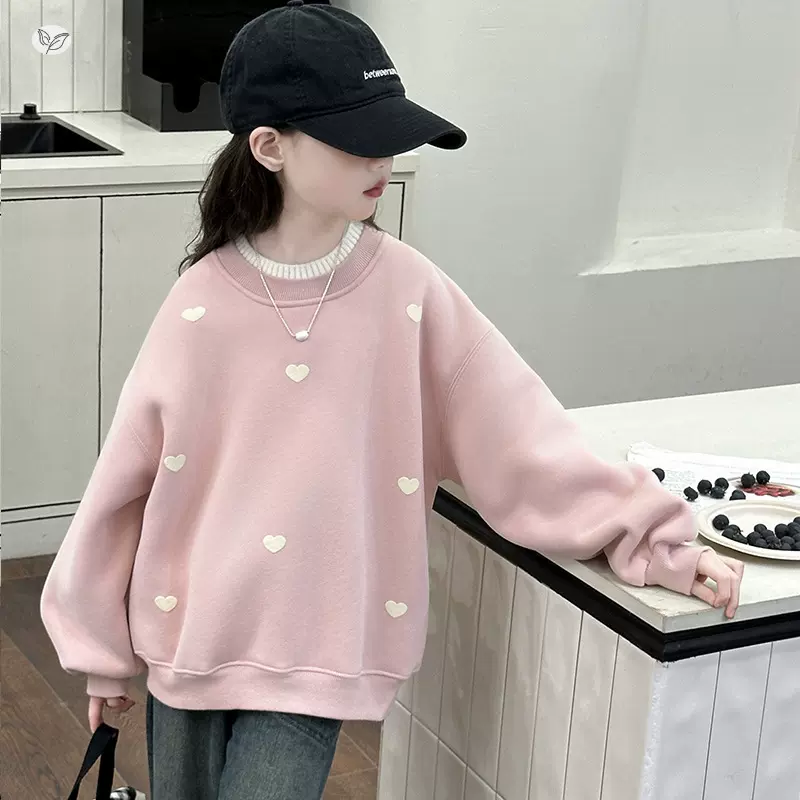 女童加绒卫衣冬款2025新款韩版儿童洋气一体绒假两件上衣中大童潮