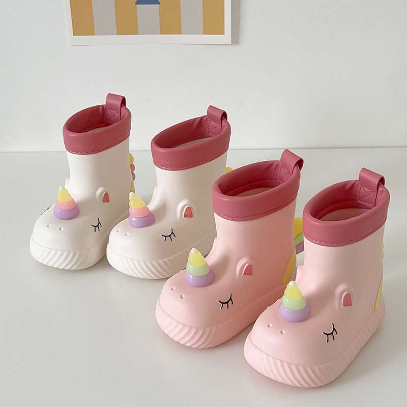 Children's Rain Boots Girls Cute Unicorn Rain Boots Soft Sole Kindergarten Baby Students Outdoor Waterproof Anti-Slip Rubber Shoes
