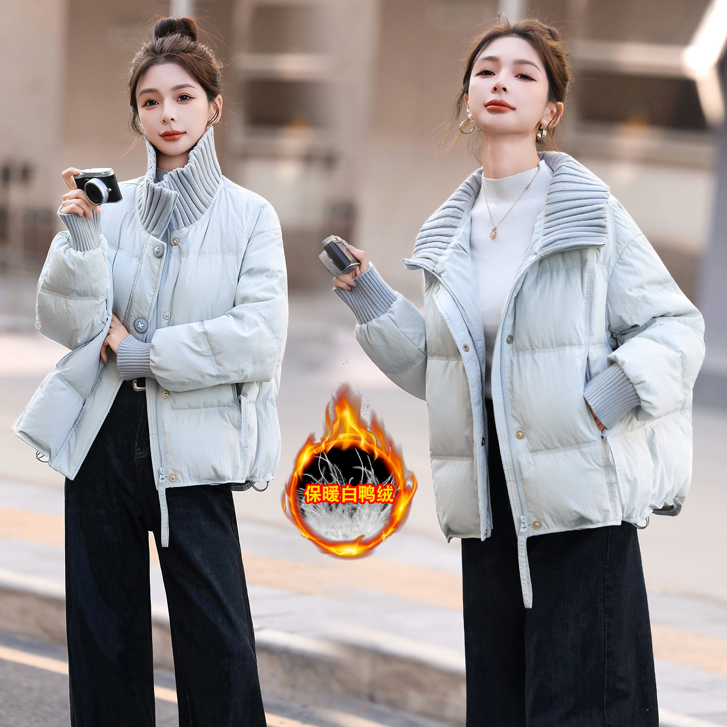 恒源祥羽绒服女短款2025冬季新款加厚翻领白鸭绒女士时尚外套百搭