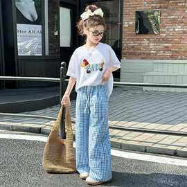 女童韩版宽松格子休闲裤两件套中大童卡通白色T恤夏季新款夏套装