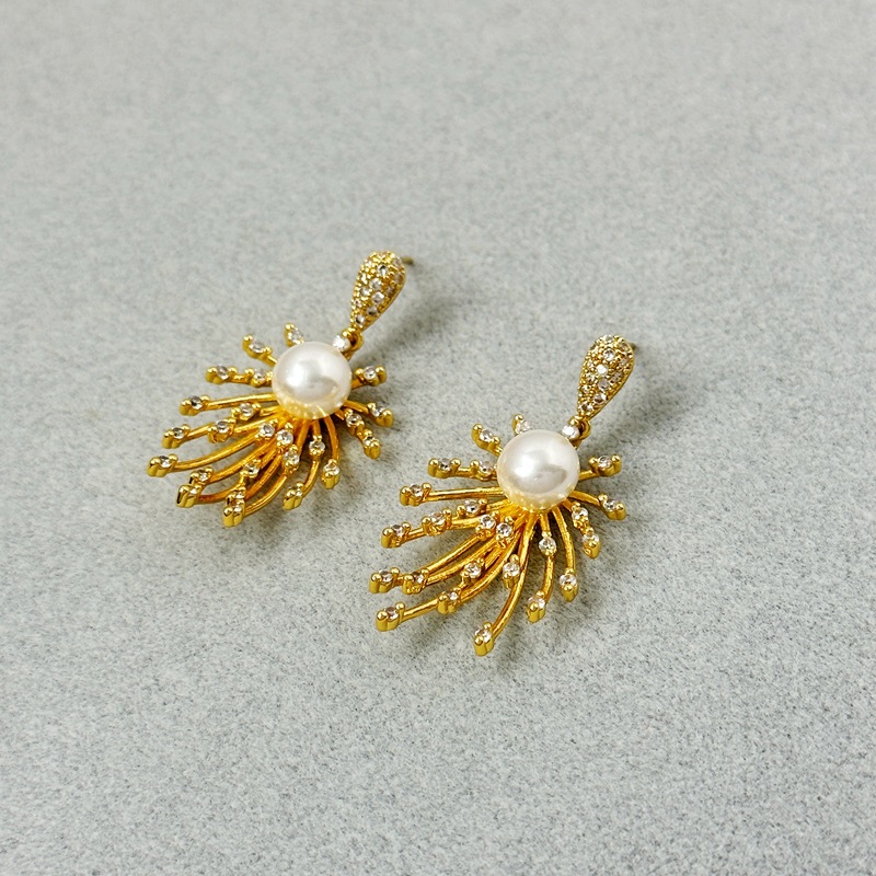 925 Sterling Silver Ear Needle Material 1 Pair Elegant Fireworks Pearl Plating Brass Zircon Drop Earrings