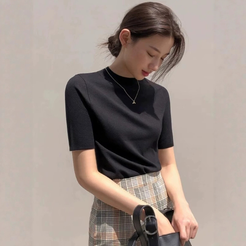 Summer New Stylish Half-High Collar Short-Sleeve Ice Silk Knit T-Shirt for Women, Slim Fit Thin Black Base Top for Women Summer New Stylish Half-High Collar Short-Sleeve Ice Silk Knit T-Shirt for Women, Slim Fit Thin Black Base Top for Women