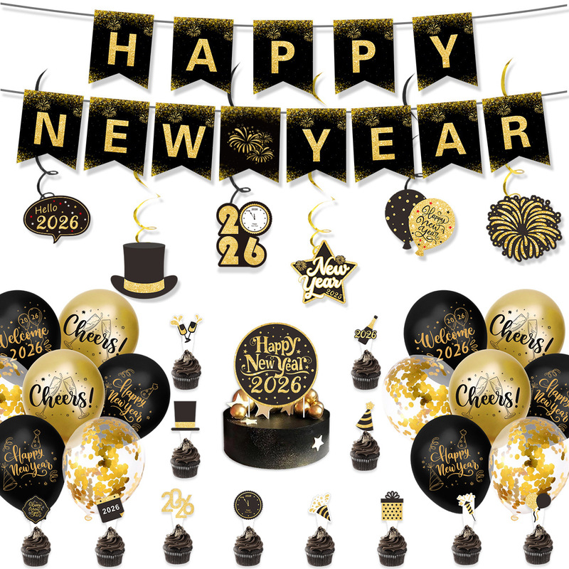 2026 ハッピーニューイヤーバナー新年パーティー装飾ブラックゴールドフラグバルーンセット卸売カスタマイズ|undefined