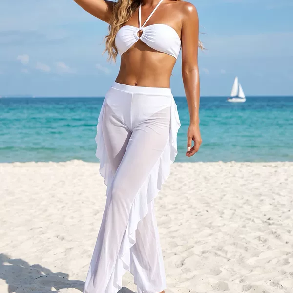 2026 New European and American Sexy Fashion Halterneck Lace-Up Gauze Pants Women's Three-Piece Set Amazon Aliexpress Bikini