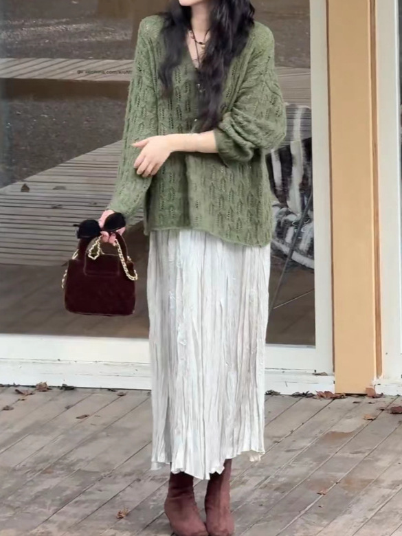 森系绿色镂空针织开衫女2025新款早秋金丝鱼尾压褶松紧半身裙女装|undefined