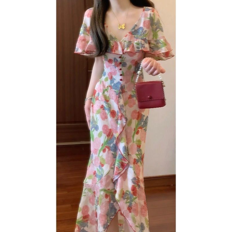 [Flora] French Romantic and Elegant Ruffled Cape Collar Floral Dress Waist-Cinching Elegant Long Skirt 9541