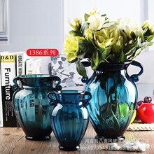 欧式双耳彩色玻璃花瓶摆件客厅插花水培简约玻璃透明鲜花玻璃摆件
