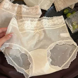 法式性感波点蕾丝内裤女中腰柔软亲肤透气抑菌纯棉加长档三角短裤