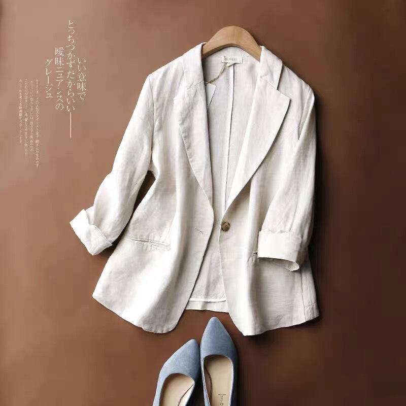Small Suit Jacket Women's 2022 Thin Short Korean Style Women's Slim Fit Hemp plus size Seven-Sleeve Suit