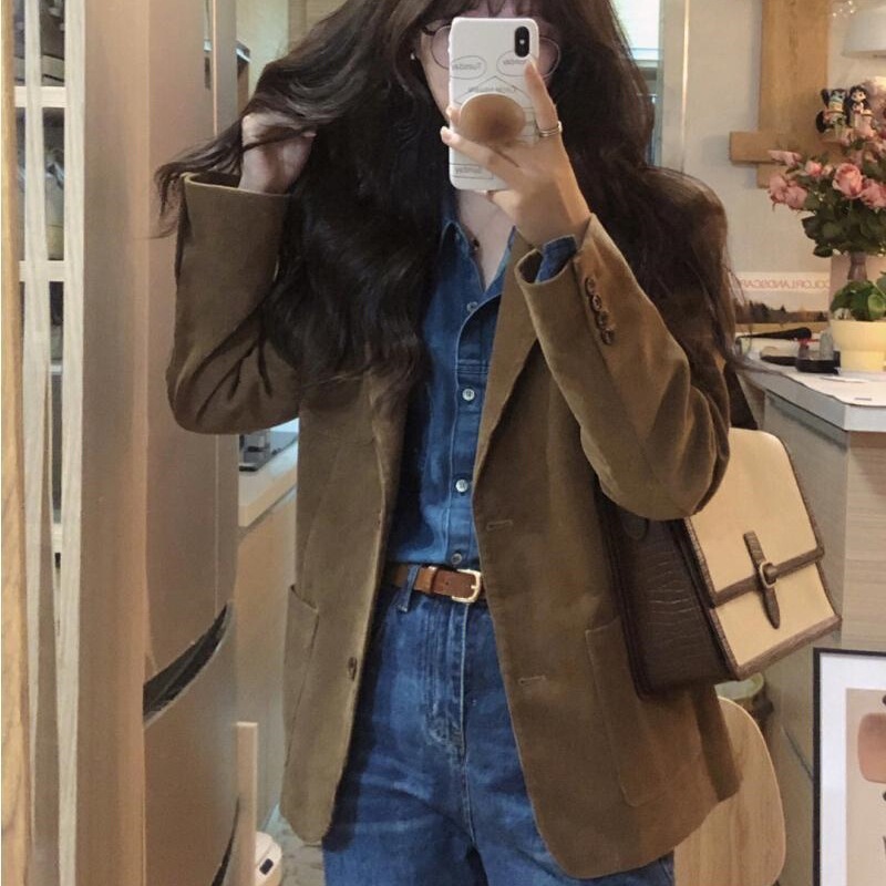 复古高级感御姐风灯芯绒棕色长袖西服女春秋短款工装外套上衣|undefined