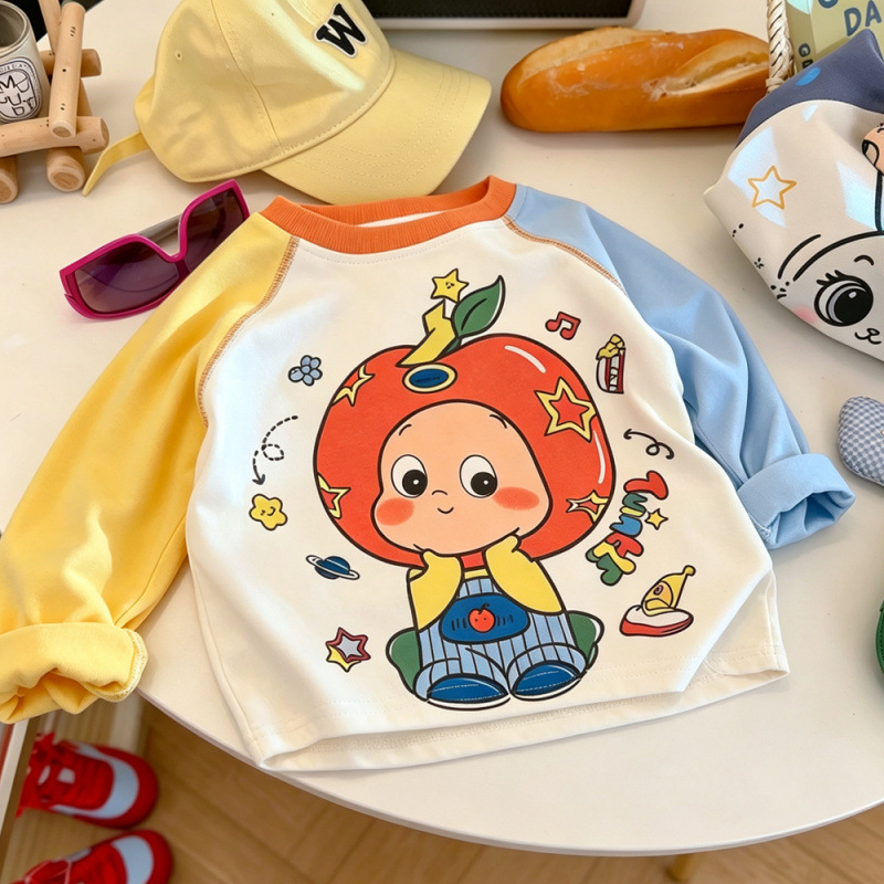 Color-blocked cartoon apple, star, and human print children's long-sleeved T-shirt, spring and autumn Korean style, fashionable round neck, pure cotton top