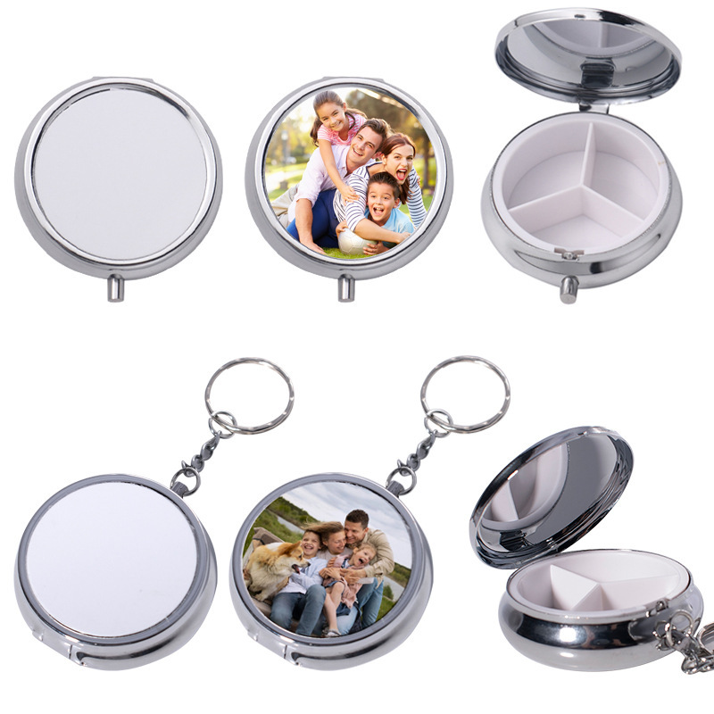 Cross-border Amazon sublimation metal round three-compartment medicine box blank thermal transfer diy open-close metal medicine box