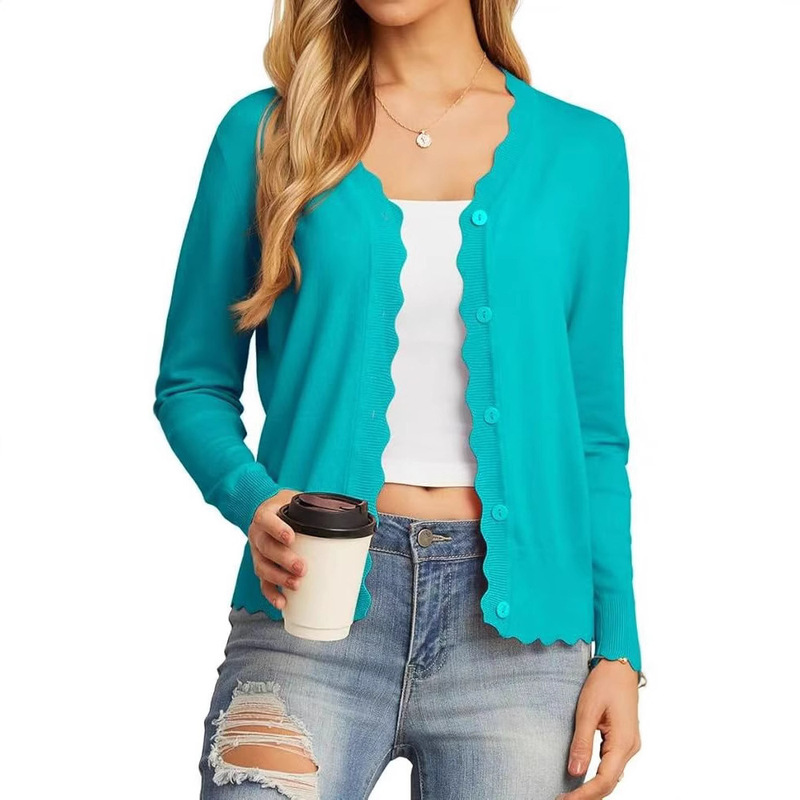 Cross-Border Amazon Ruffled V-Neck 9/10 Sleeve Thin Spring/Summer Top New Fashion Short Knitted Cardigan for Women