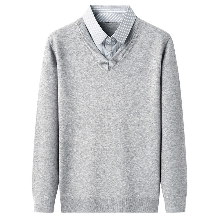 Suéter de punto casual de hombre delgado falso de dos piezas chaqueta nueva chaqueta gris de otoño y invierno simple camisa de punto con solapa