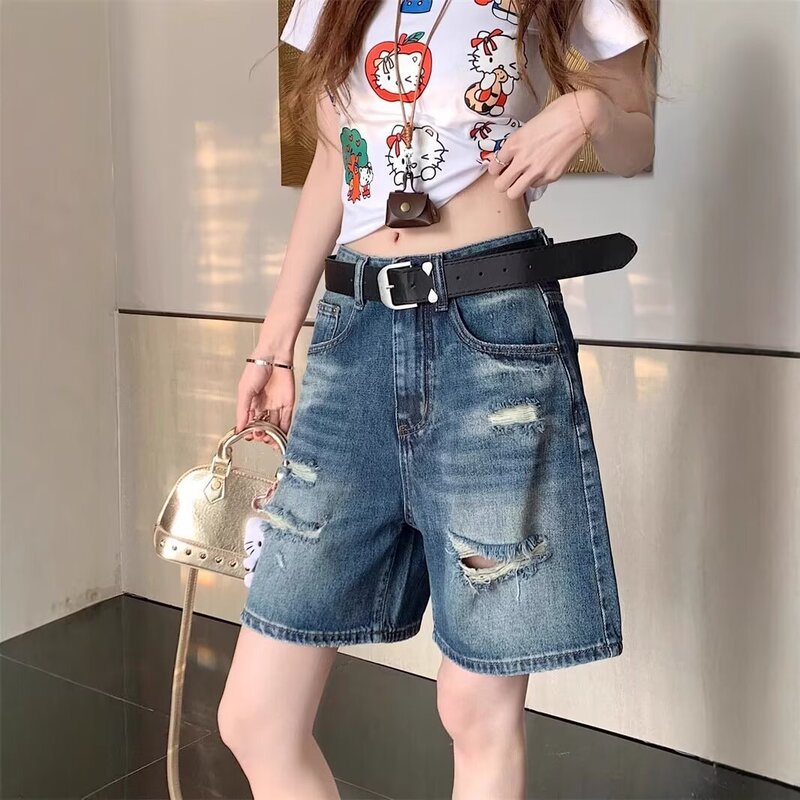 European-Style Ripped High-Waisted Denim Shorts for Women, Summer Washed Loose Fit, Slimming Casual Straight Wide-Leg Mid-Length Shorts European-Style Ripped High-Waisted Denim Shorts for Women, Summer Washed Loose Fit, Slimming Casual Straight Wide-Leg Mid-Length Shorts