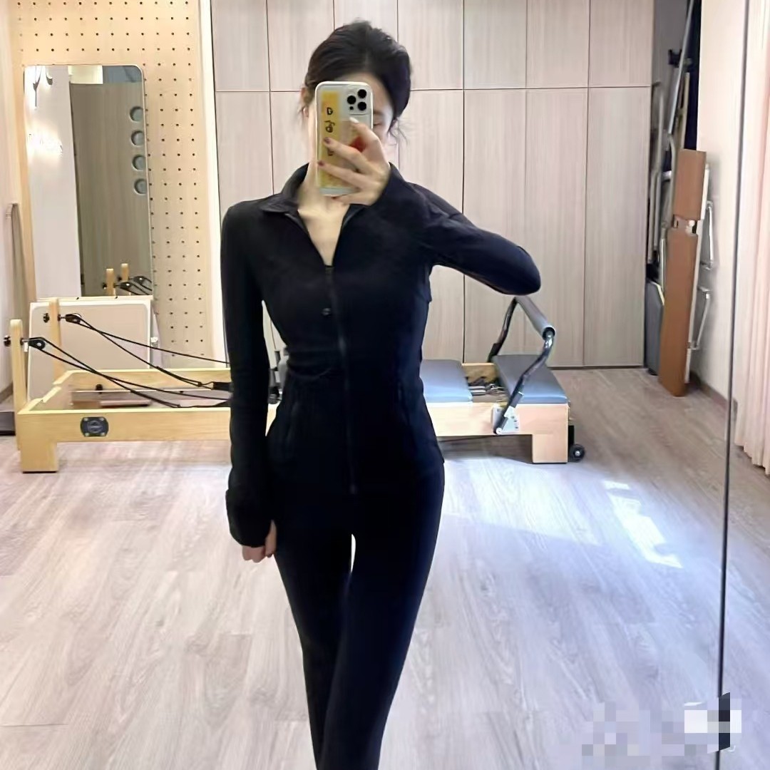 Lu Black Stand-Up Collar Jacket Define Yoga Jacket Full Zipper Slim Sports Fitness Top for Women
