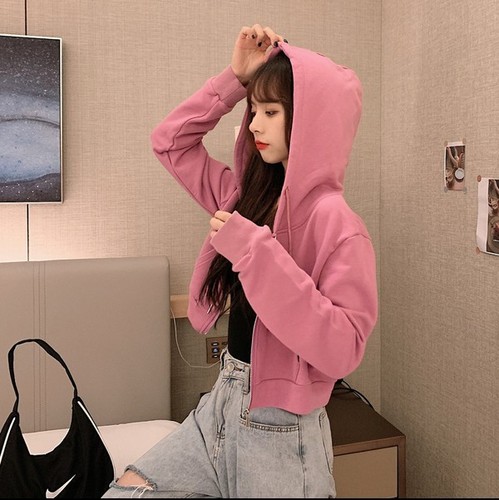 New 2025 Autumn Women's Short-sleeve Hooded Zip-up Sweatshirt Coat Pure Color Korean Style Thin Sweatshirt Fashion Outerwear