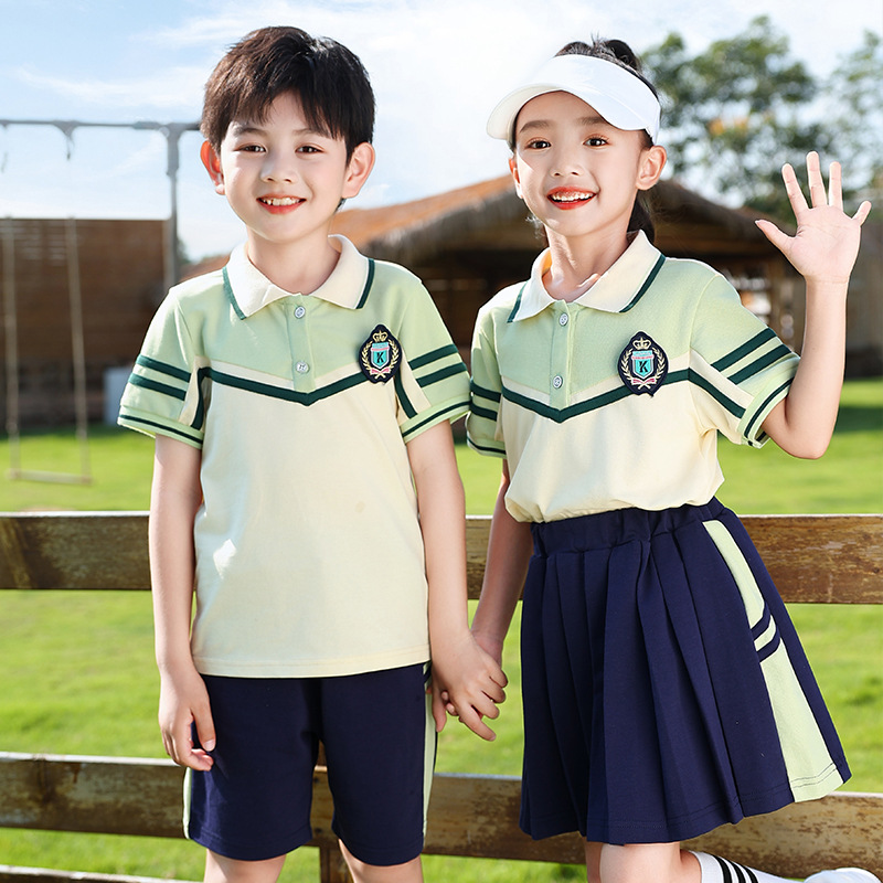 幼儿园全班班服小学生夏季校服儿童运动套装短袖薄款绿色珠地套装