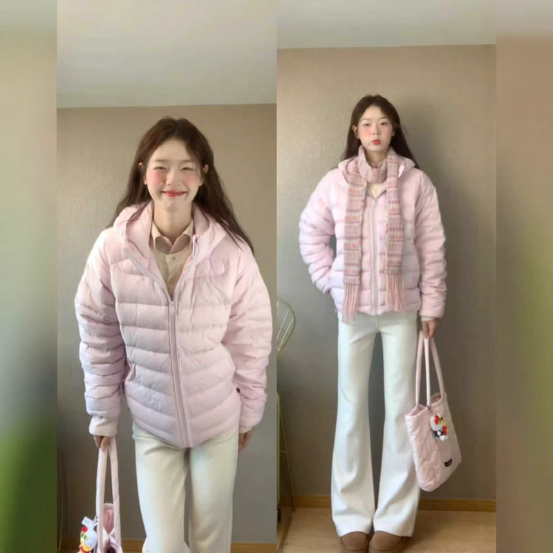 Pink Ribbed down Jacket for Women, Short Style, 2025 Winter New Model, Lightweight Cloud-Like Hooded down Inner Jacket Cardigan