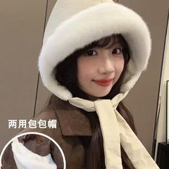 女冬季韩版加绒加厚雷锋帽一帽两用可当包包保暖护耳绑带套头帽子