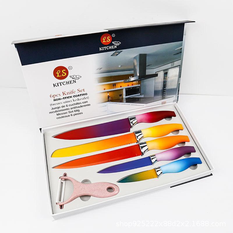 Fábrica de comercio exterior venta caliente suministro de nuevos cuchillos de acero inoxidable de cocina color gradiente mango de abdomen de seis piezas conjunto de herramientas