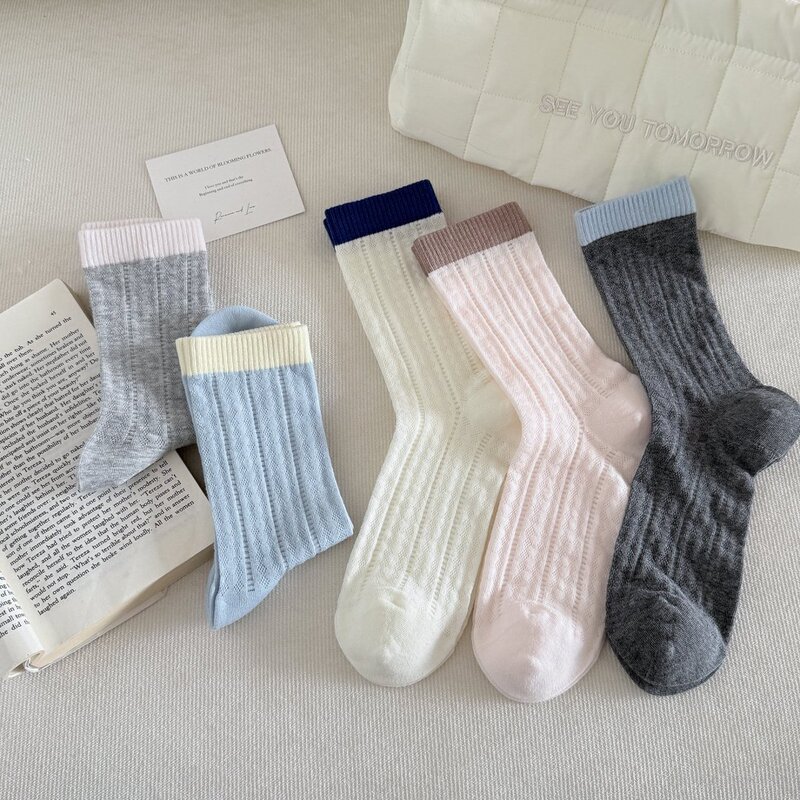 Mekki Spring and Summer Socks New Style Ins Color-Blocking Mesh Thin Vertical Stripe Mid-Calf Socks Candy Color Combed Cotton Women's Socks