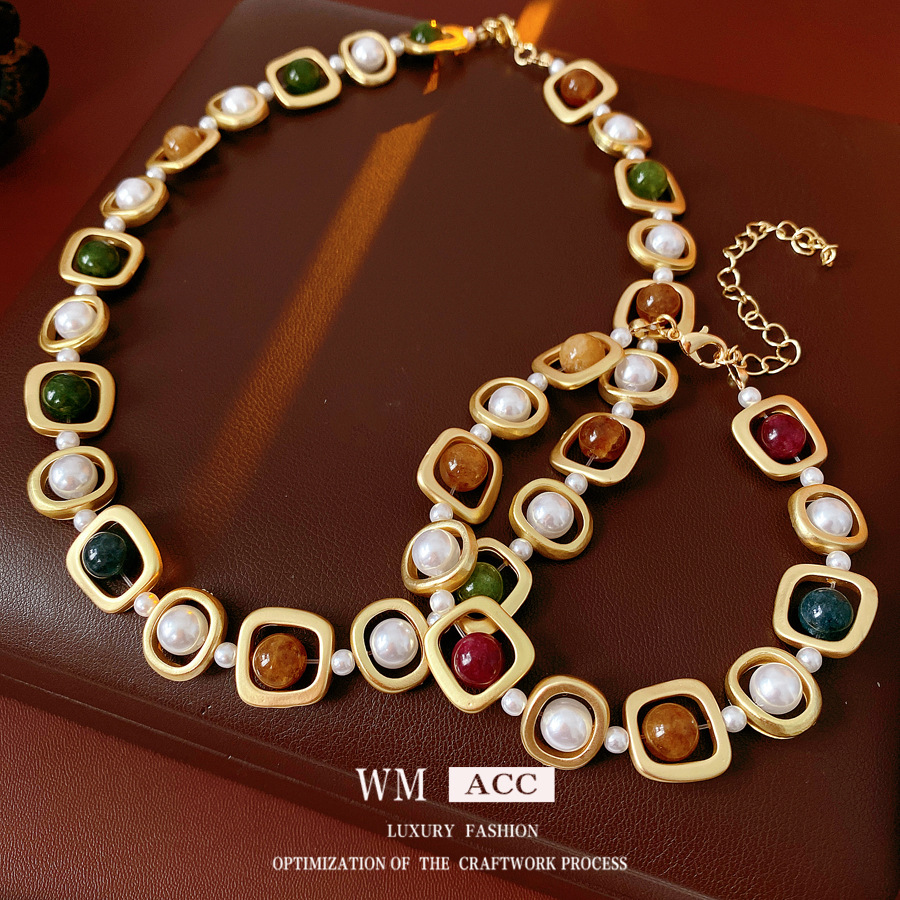 Medieval vintage perla redonda pulsera collar nicho de diseño conjunto retro joyas de corte al por mayor