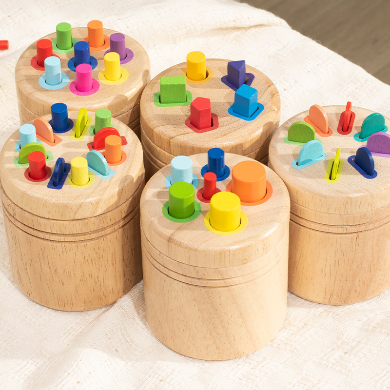 Color de madera emparejado tambor de clasificación mano-ojo coordinación de movimiento de agujero de inserción de juguetes de educación temprana para niños