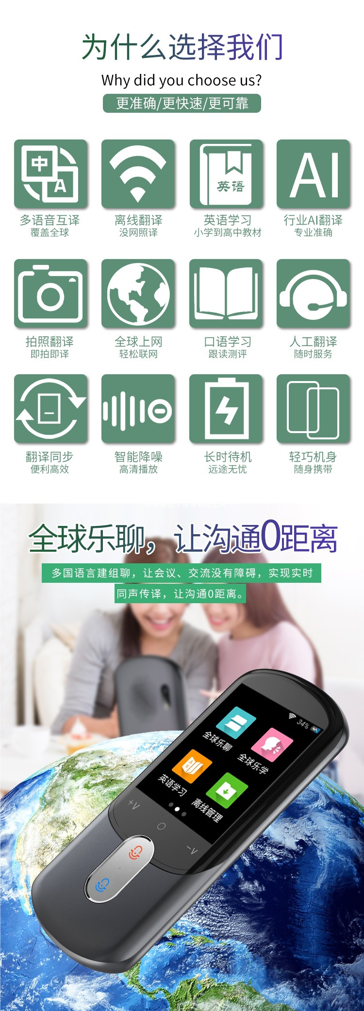 Simultaneous interpretation by multi-language translation machine, offline intelligent English learning, overseas travel, including Chinese, English, Japanese, Korean, French, German and Russian Specification drawing
