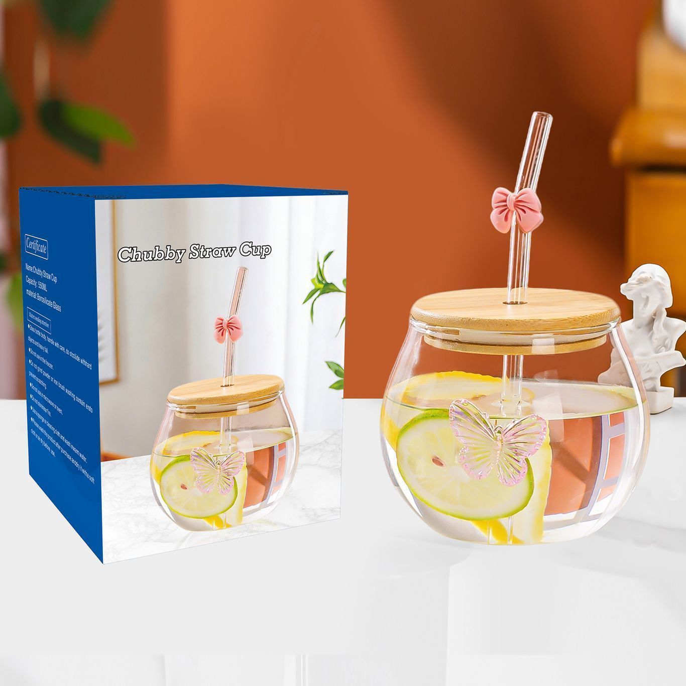 Taza de café de alto valor facial de vidrio transparente con mango de vidrio de alto silicio, taza de paja de hielo de bebidas americanas gordo