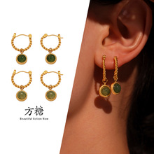 方糖法式绿玛瑙C型耳环优雅气质椭圆形吊坠耳环女钛钢镀金不掉色