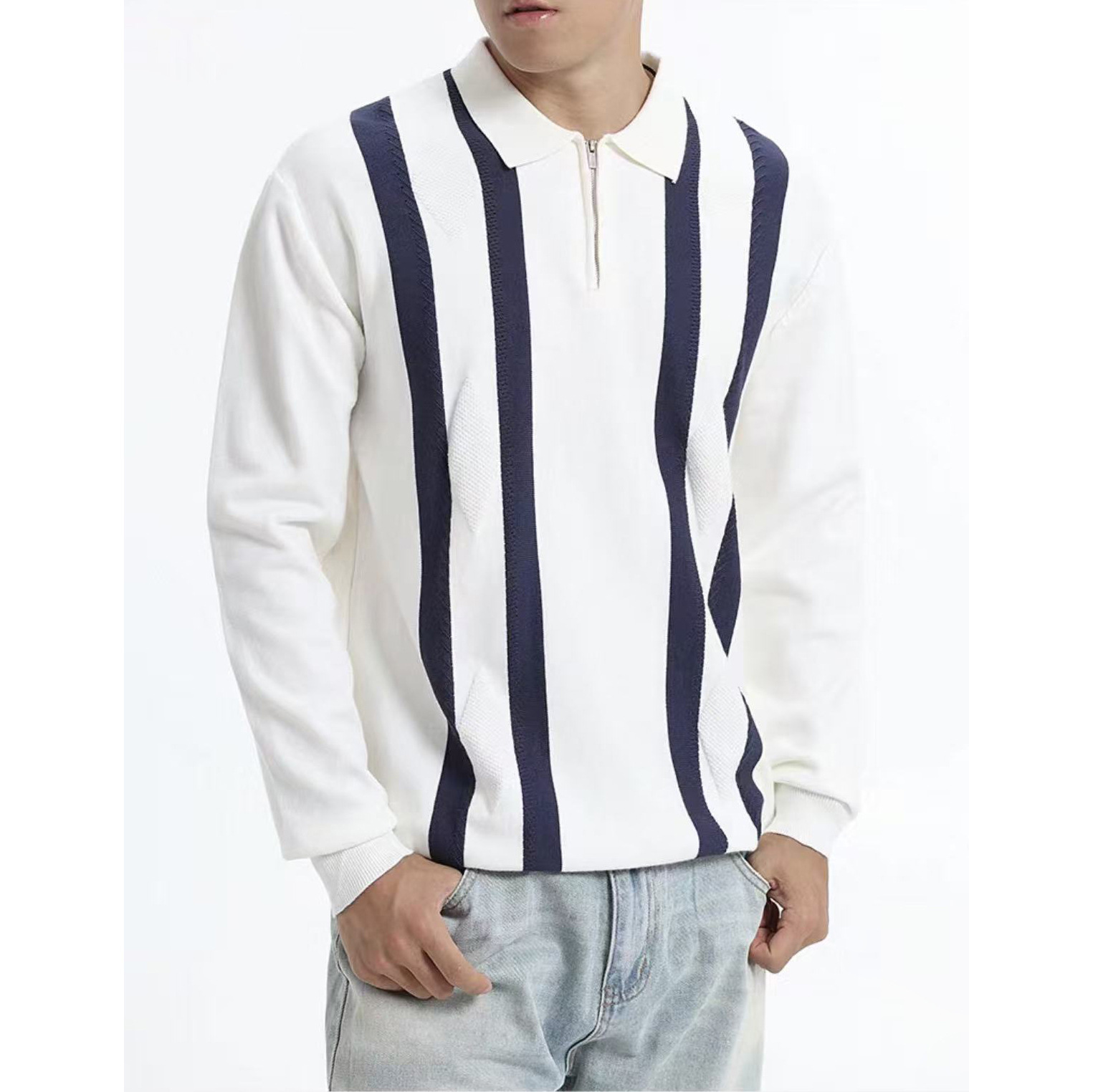 Polo camisa de punto camisa de manga larga suéter hombre solapa media cremallera vieja primavera y otoño rayas fábrica transfronteriza al por mayor