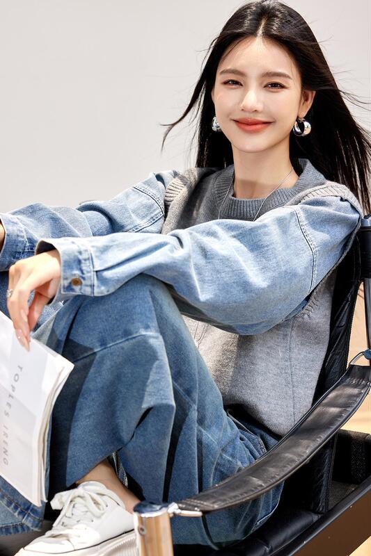 实拍◆有现货◆慵懒风灰色毛衣假两件上衣女秋冬2025新款牛仔袖拼|undefined