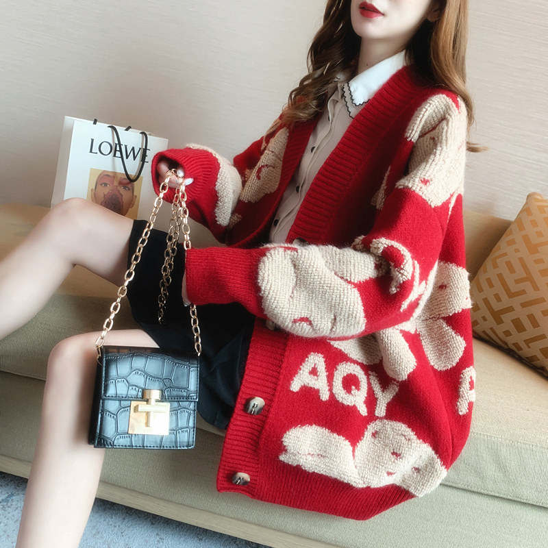 Spring and Autumn New Cartoon Sweater Coat Women's Fashionable Lazy Style Korean Loose Bear Biscuit Stylish Knitted Cardigan for Women