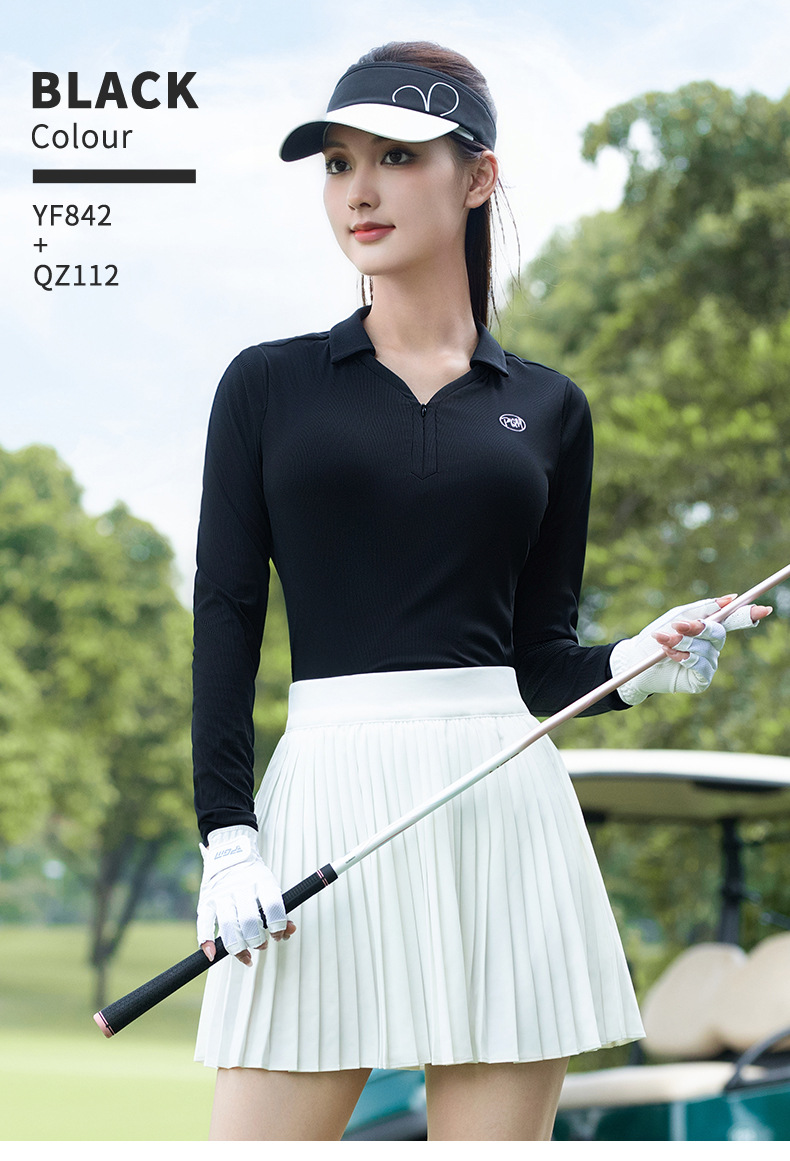 Áo thun golf nữ dài tay ôm sát vải co giãn cao — Tay áo dài màu đen [kết cấu dọc/vải co giãn cao/vừa vặn] YF842 chi tiết 9