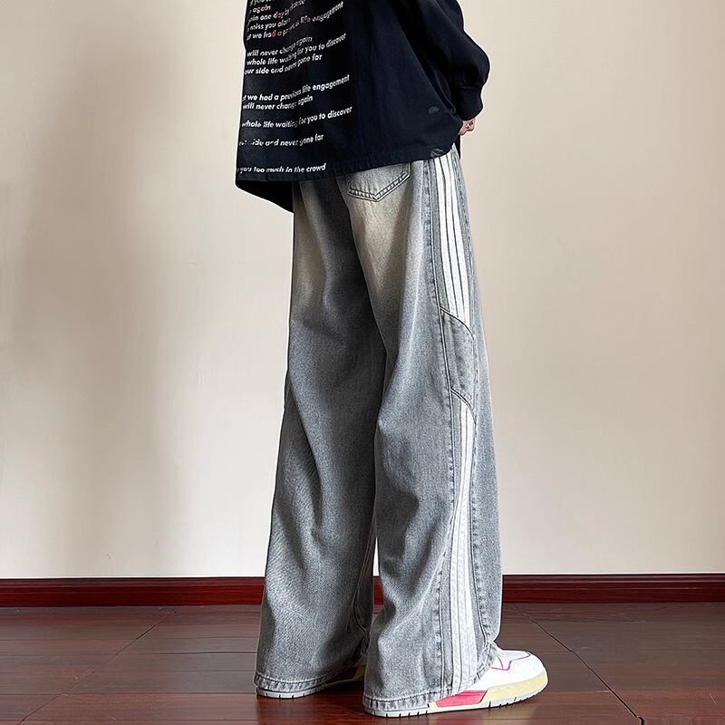Three-Stripe Denim Jeans for Men, Straight Loose Wide-Leg American High Street Pants, Trendy Brand, Stylish Retro Elastic Waist Three-Stripe Denim Jeans for Men, Straight Loose Wide-Leg American High Street Pants, Trendy Brand, Stylish Retro Elastic Waist