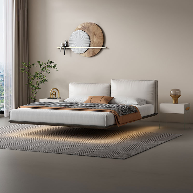 Cama de suspensión italiano minimalista cama de cuero real dormitorio principal moderno minimalista cama doble alta y baja cama de bloque de tofu muebles de cama de boda