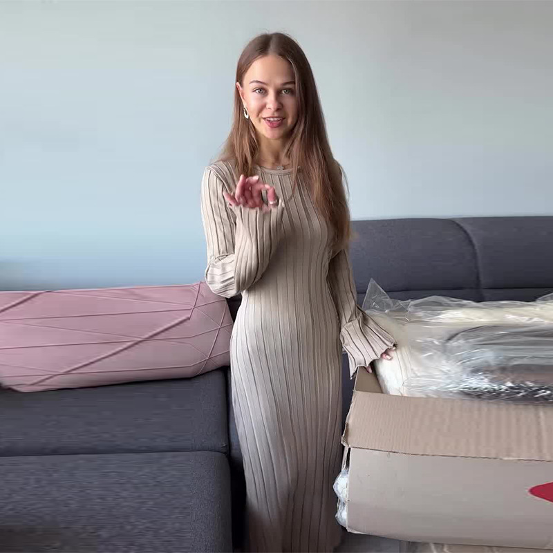 2025 Autumn New European and American Amazon Cross-Border Foreign Trade Women's Round Neck Long Sleeve Slim Knitted Plain Dress