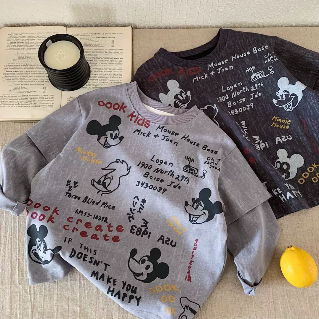 童长袖t恤2025秋季新款童装男童女童字母卡通假两件宝宝休闲上衣