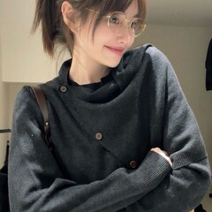 韩系气质简约不规则毛衣女春秋季设计感围脖可拆百搭chic针织上衣