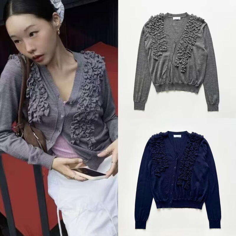 Korean Niche Brand 25 New Asymmetric Diagonal Placket Three-Dimensional Pleated Button V-Neck Wool Knit Cardigan Jacket Top Korean Niche Brand 25 New Asymmetric Diagonal Placket Three-Dimensional Pleated Button V-Neck Wool Knit Cardigan Jacket Top