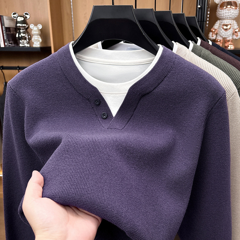 Men's high-end autumn and winter V-neck solid color versatile casual base layer sweater with a faux two-piece design and wool blend