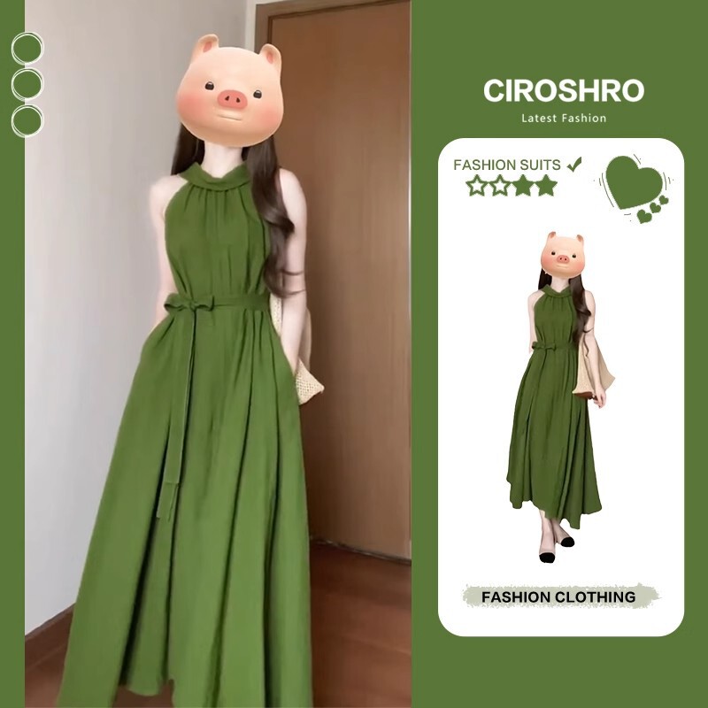 French-Style High-End Green Halter-Neck Suspender Dress for Women, New Summer Style, Elegant Long Dress for Seaside Vacation French-Style High-End Green Halter-Neck Suspender Dress for Women, New Summer Style, Elegant Long Dress for Seaside Vacation
