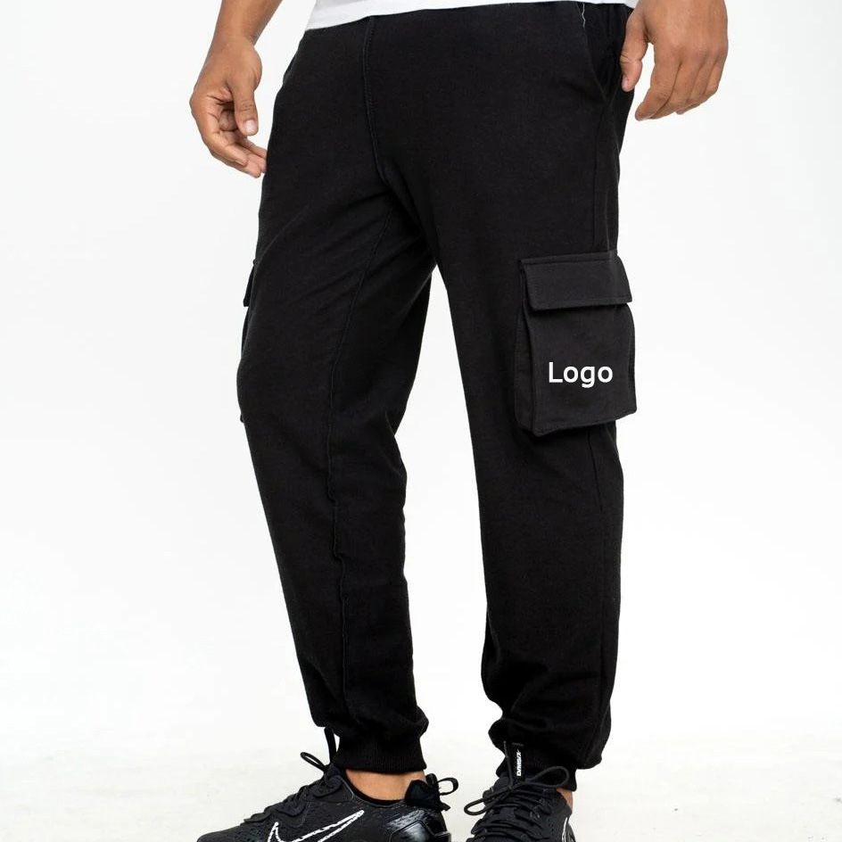 Customizable Sweatpants with Solid Color Print, Men's Black Jogging Pants, Blank Sports Pants, Loose Fleece Fitness Pants for Men