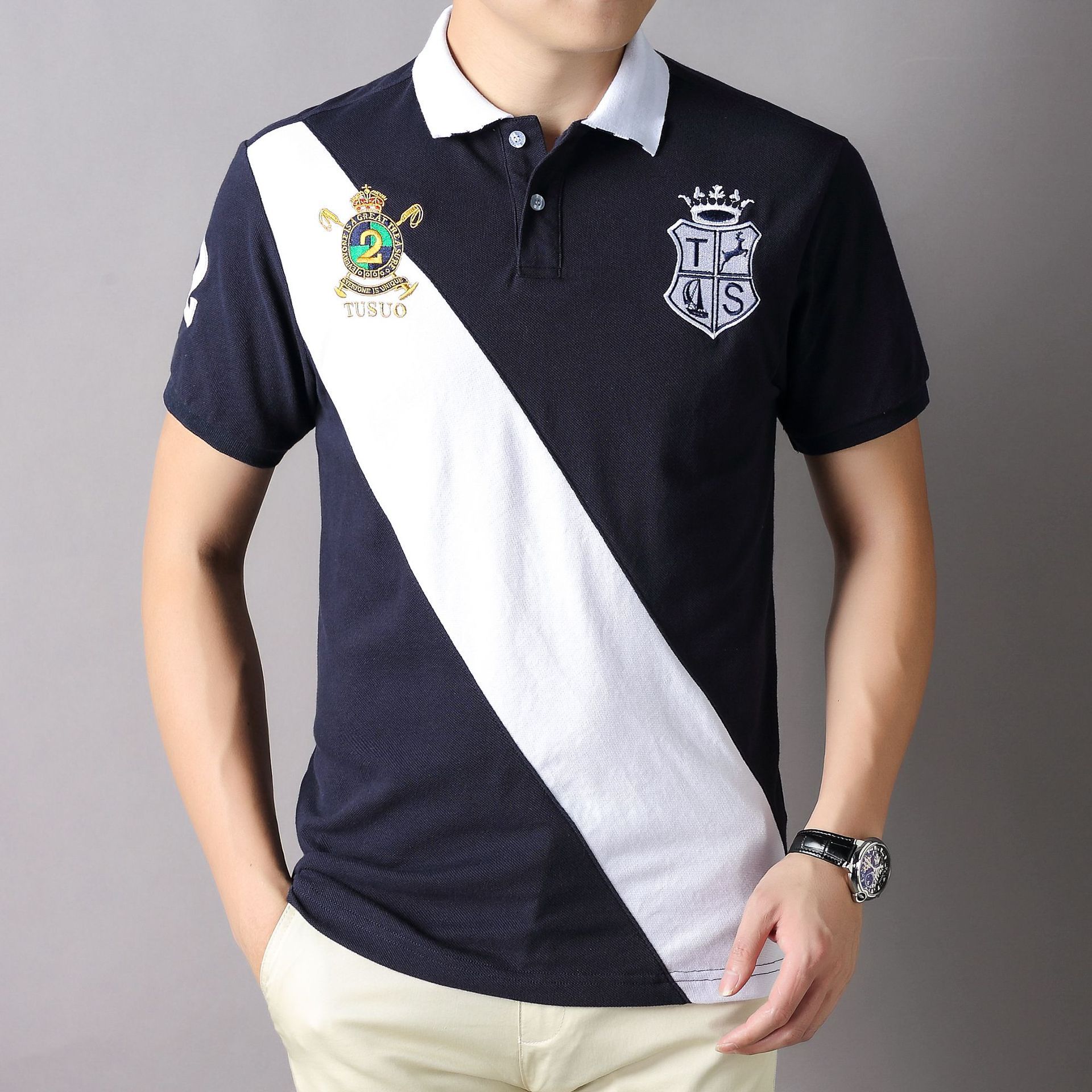 Nueva camisa de Polo de manga corta de los hombres Luz de lujo famosa marca real deportes de ocio más tamaño puro algodón bordado de color a juego de contraste