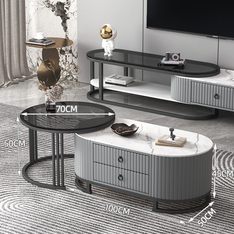 Mesa de centro de pizarra, mueble de TV, lujo ligero, sensación moderna de alta gama, sala de estar para el hogar, combinación de mesa de centro telescópica ovalada, mesa lateral