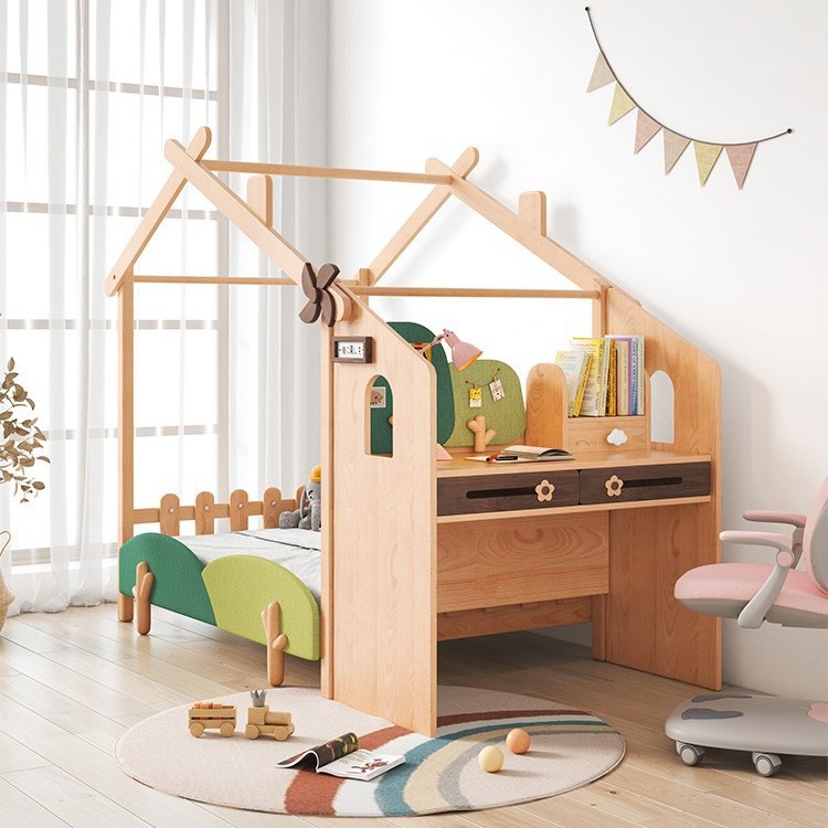 Children's Bed, Girl's Bed, Solid Wood with Guardrails, Treehouse Bed with Integrated Desk, 1.5m Retractable Beds with Extendable Design