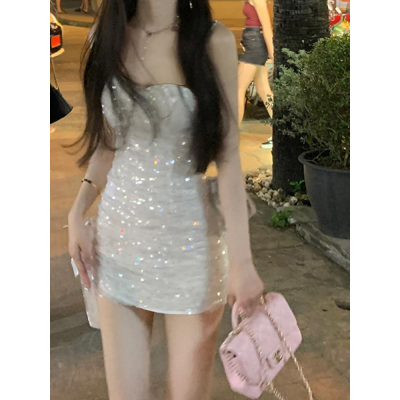 White Tight Tube Top Sequin Suspender Dress Short Birthday Disco Sparkling Hip Skirt Summer