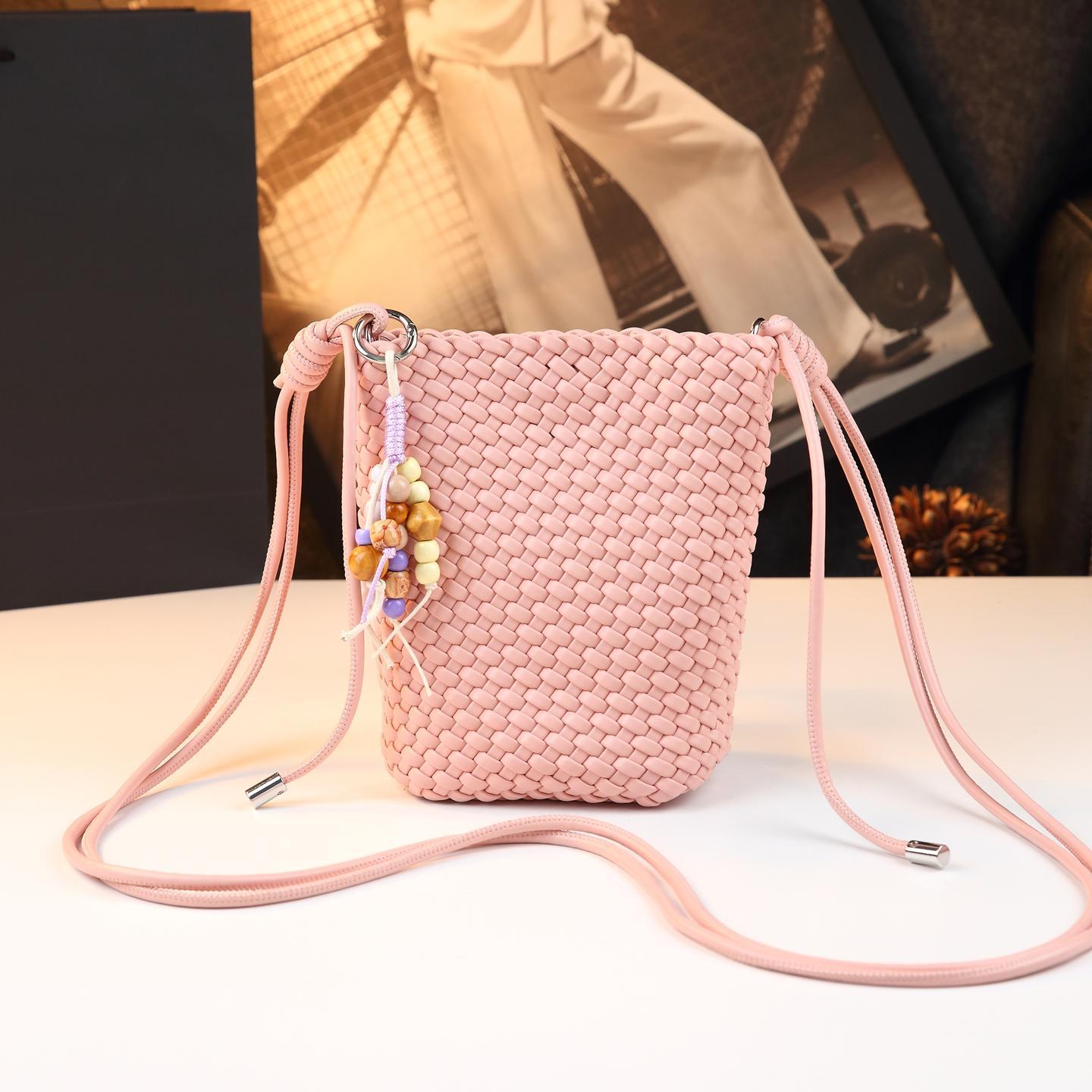 Túi bucket nữ da thật phong cách quý cô, kiểu dáng nhỏ gọn, đeo chéo tiện lợi — màu hồng, Sông băng xanh, Vàng Sâm Banh, Sữa lắc vàng